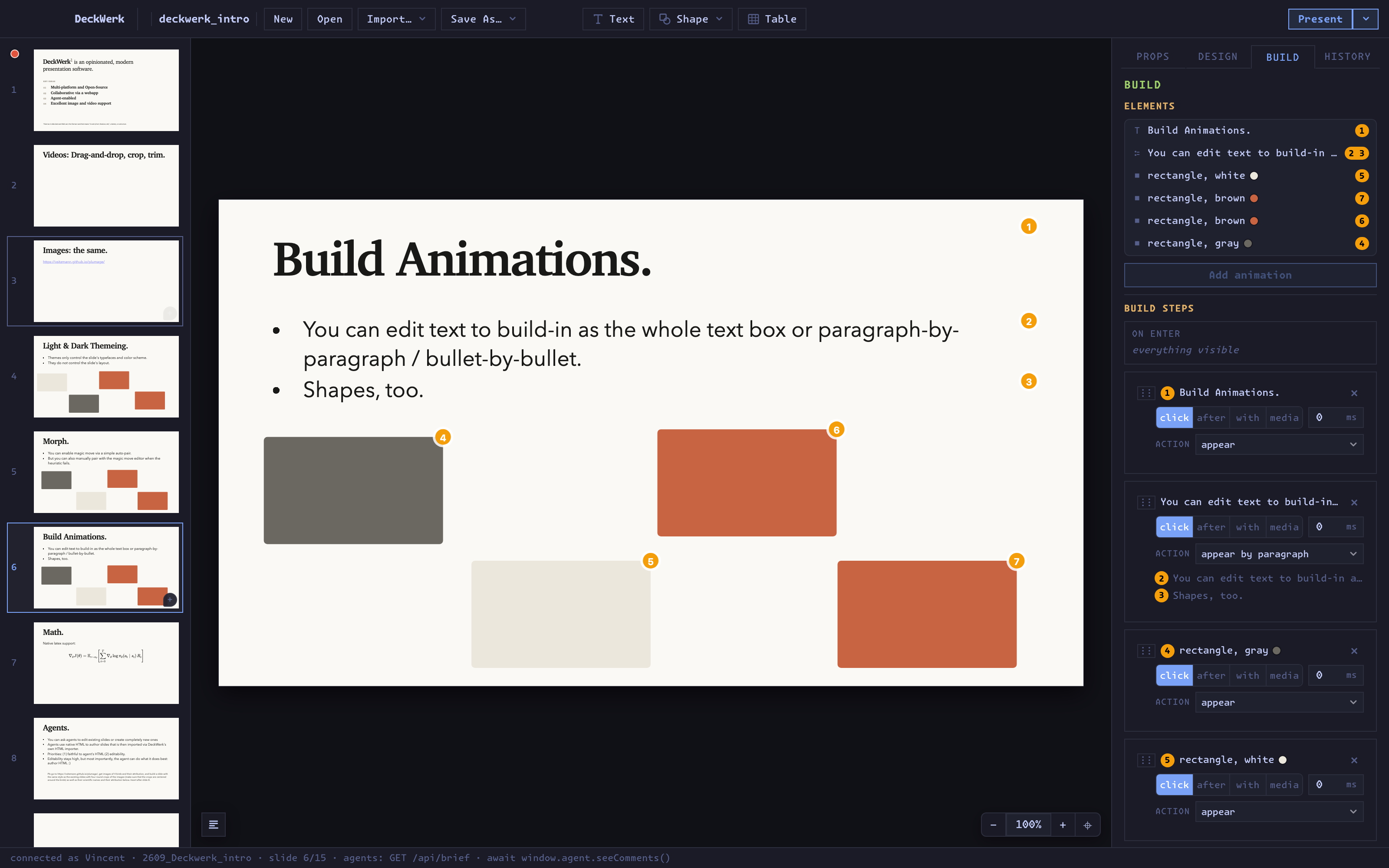 The Build tab: numbered badges on each element of a slide and a list of build steps that reveal them one click at a time.