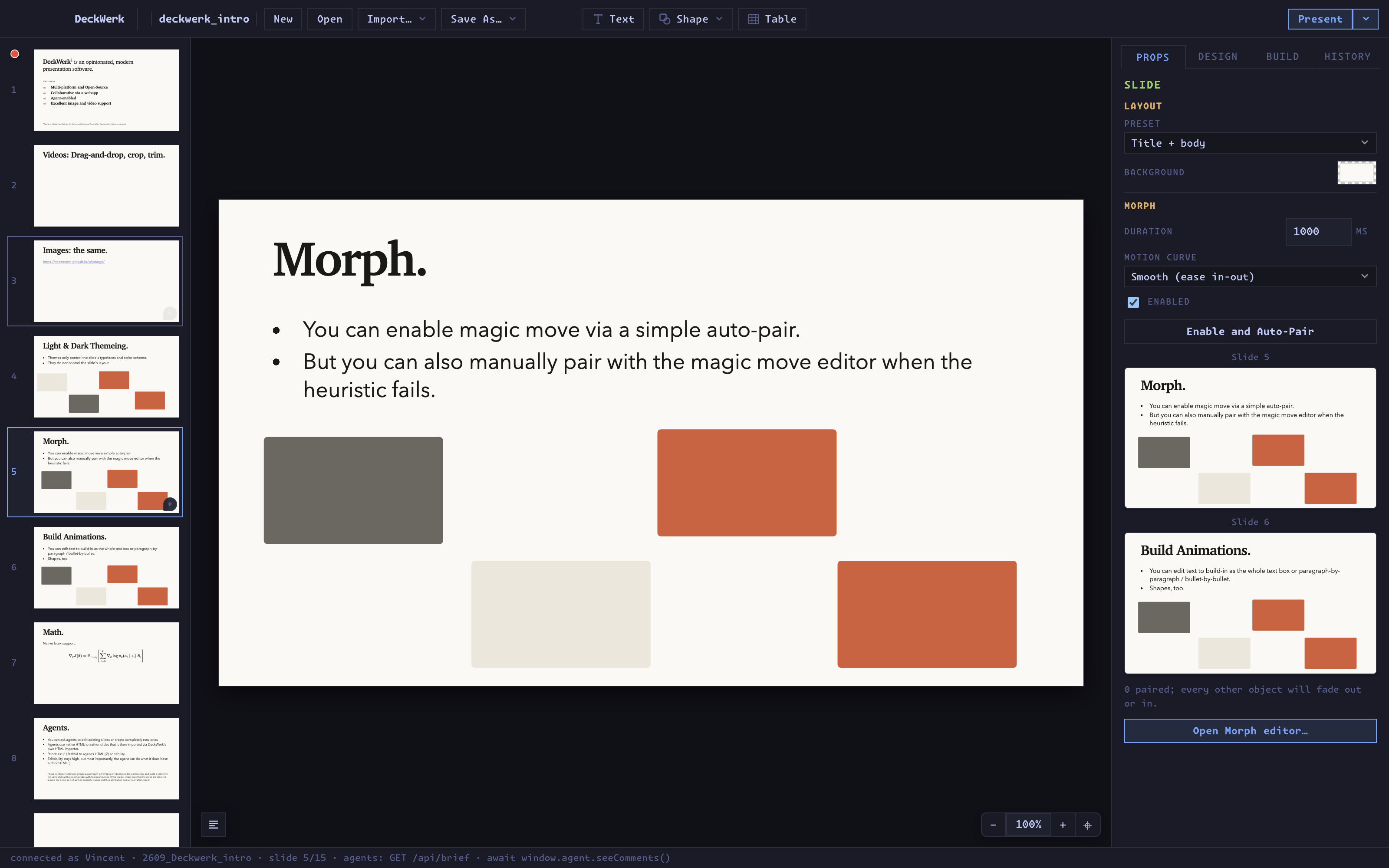 The Props tab with Morph enabled between two slides, showing the source and target slide previews.